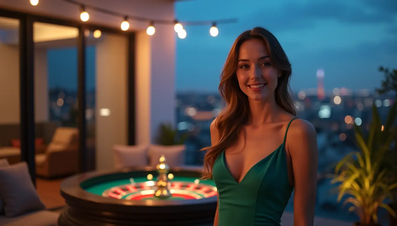 Woman smiling with Emu Casino style pokies lobby ambience at Sydney rooftop apartment